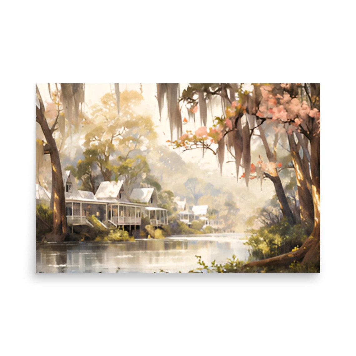 New Orleans Painting Louisiana Landscape Watercolor Art Print Lake House Wall Art Tree Art Louisiana Cityscape And Lake Fine Art Print - Image 2