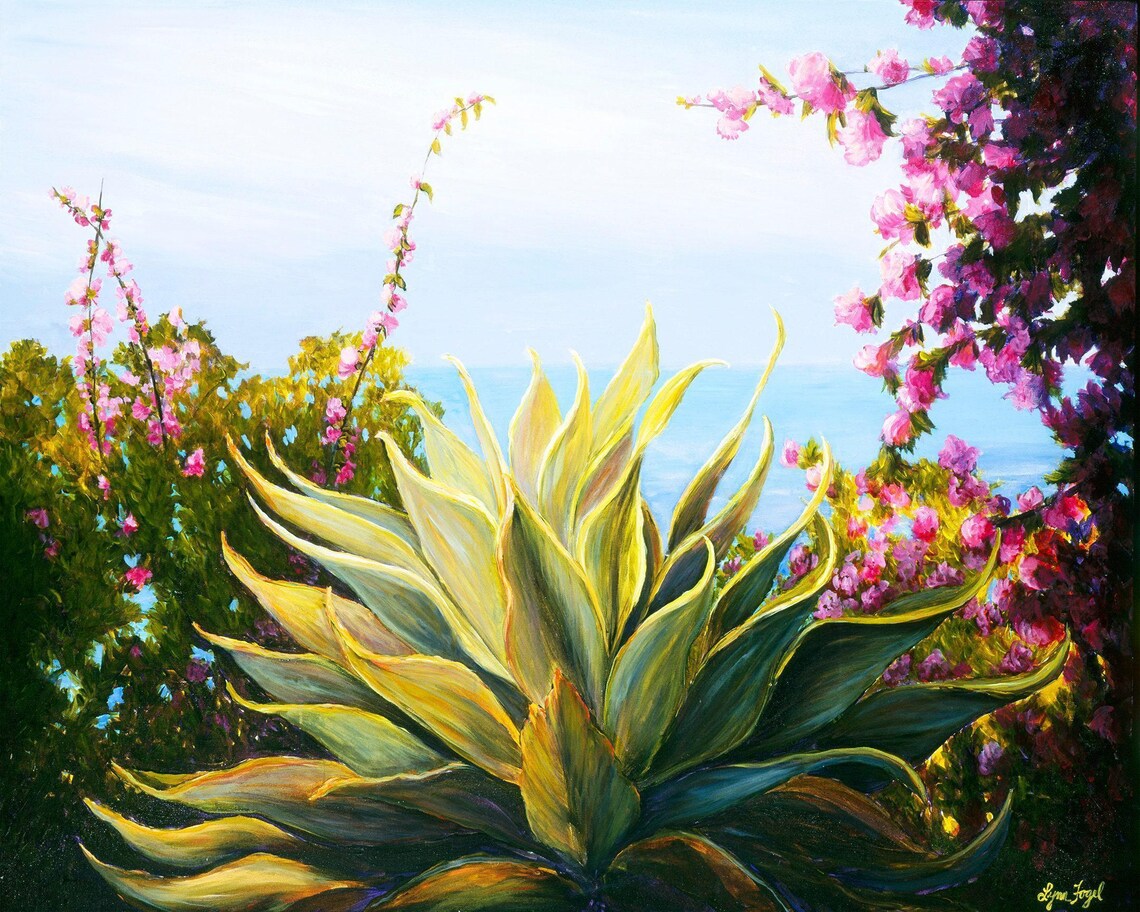 Blue Agave Succulent Pink Bougainvillea Ocean View Painting Poster - Image 3