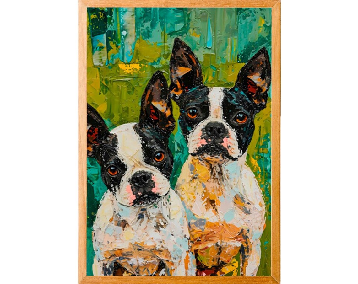 Two Boston Terriers Impasto Oil Painting Style Dog Breed Poster