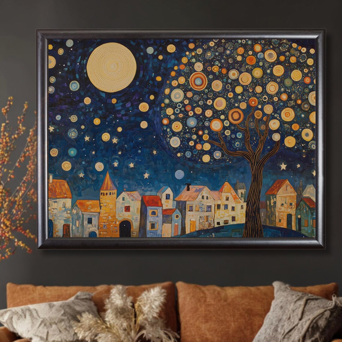Klimt Style Starry Night Tree of Life Moonlit Village Golden Art Poster