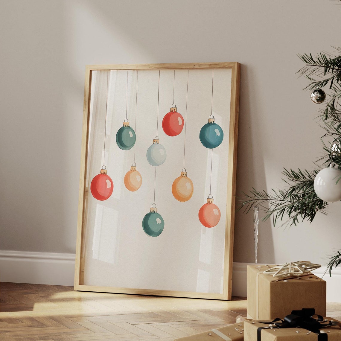 Retro Christmas Ornaments Hanging Baubles Colorful Wall Print