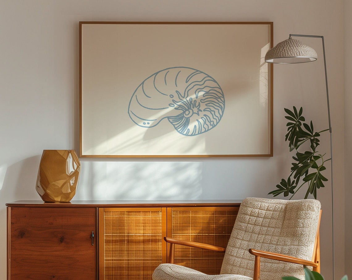 Blue Nautilus Shell Line Drawing Cream Coastal Minimalist Wall Art