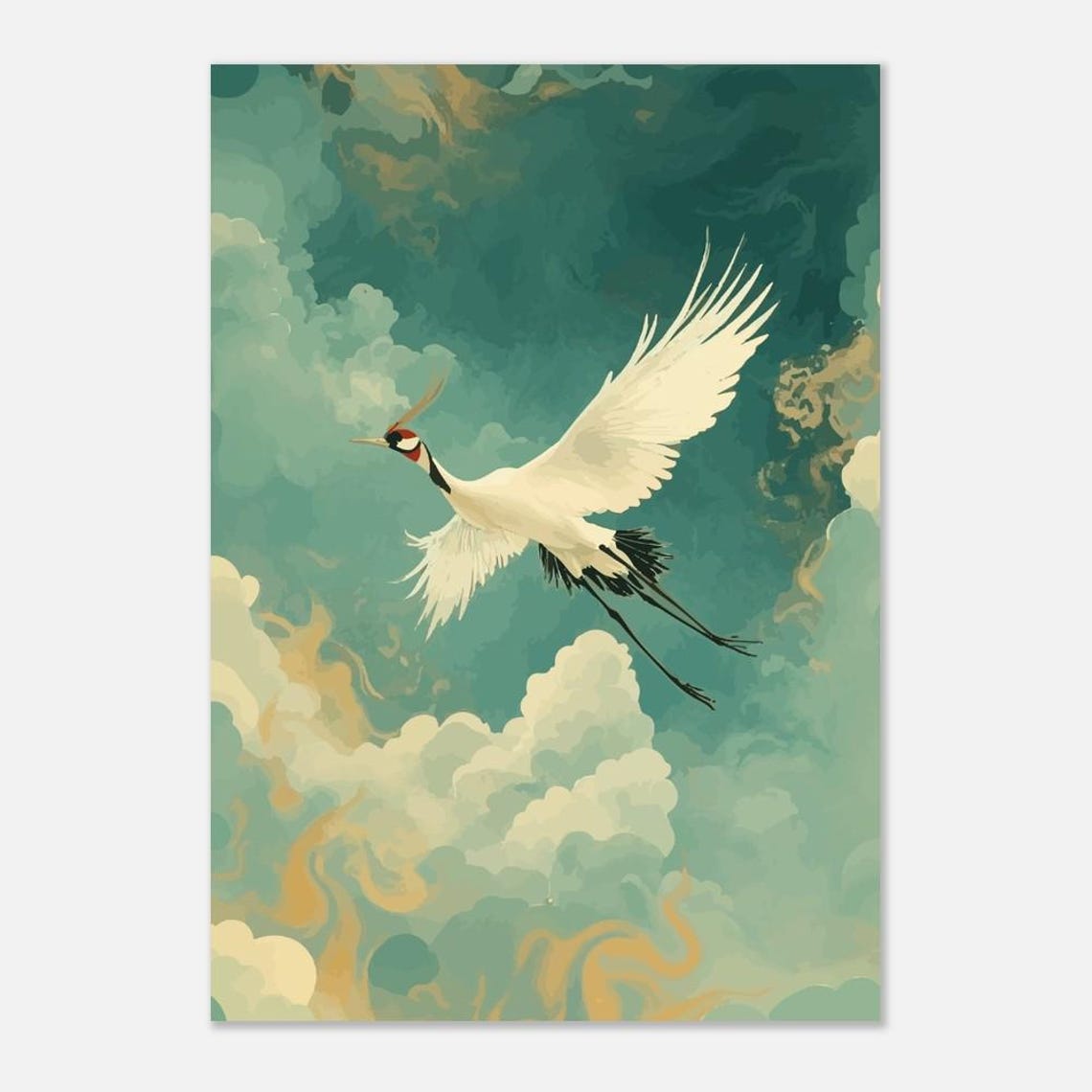 White Crane Soaring Gracefully Through Swirling Teal Clouds Poster - Image 2