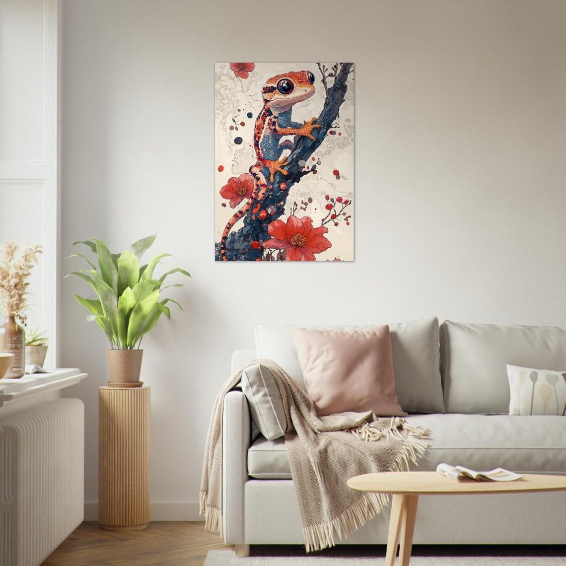 Vibrant Colorful Gecko Climbing A Branch With Red Blossoms Poster - Image 3