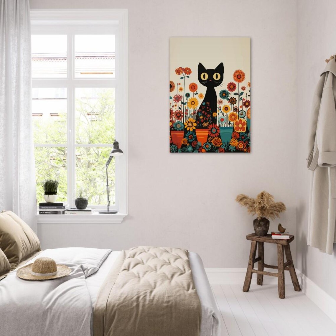 Black Cat Sitting Among Colorful Retro Flowers Folk Art Poster - Image 4