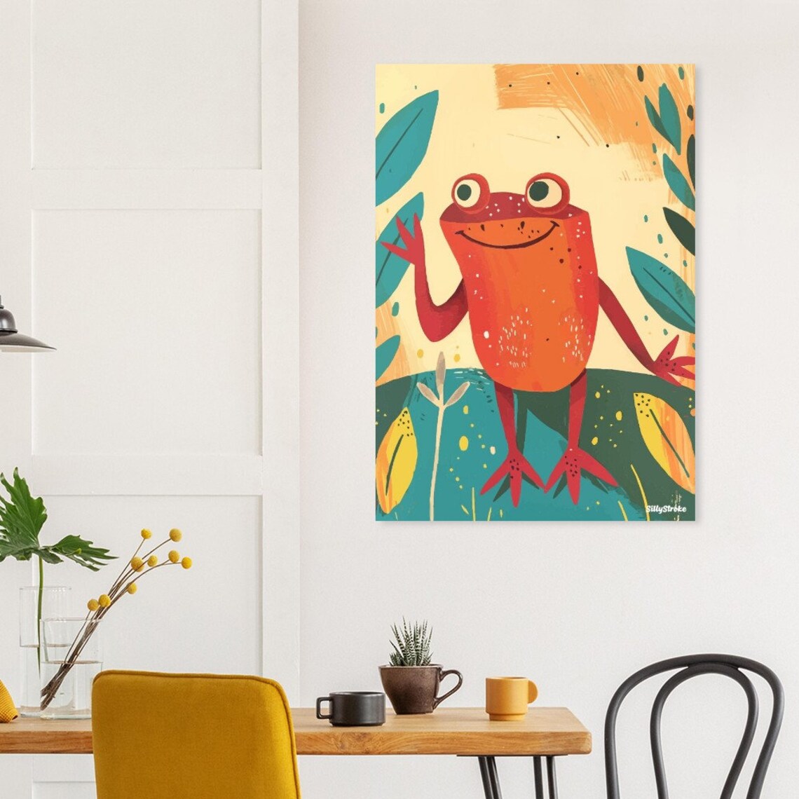 Smiling Orange Frog Waving Tropical Leaves Kids Room Wall Poster - Image 2