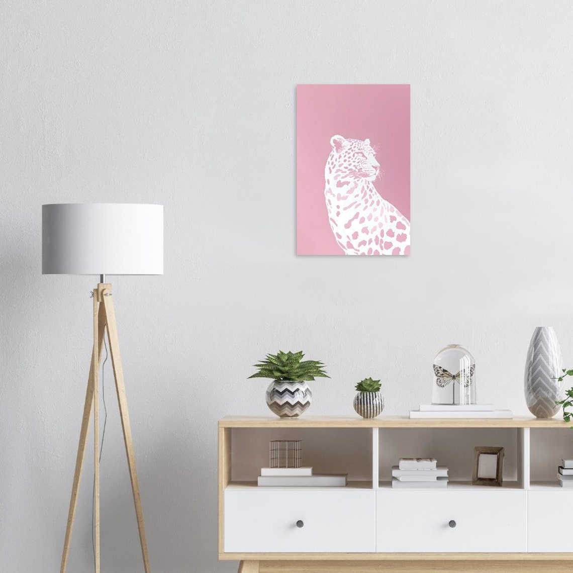 Minimalist White Leopard On Soft Pastel Pink Modern Decor Poster - Image 2