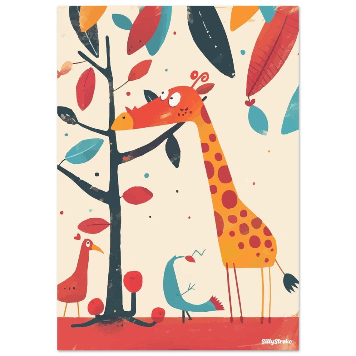 Giraffe Eating Leaves From Tree With Birds Nursery Wall Poster - Image 2
