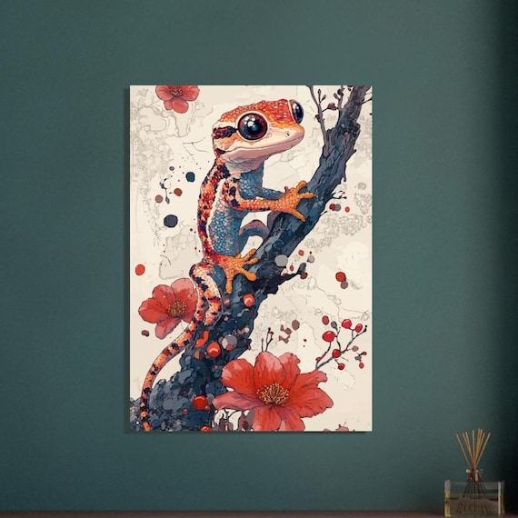 Vibrant Colorful Gecko Climbing A Branch With Red Blossoms Poster