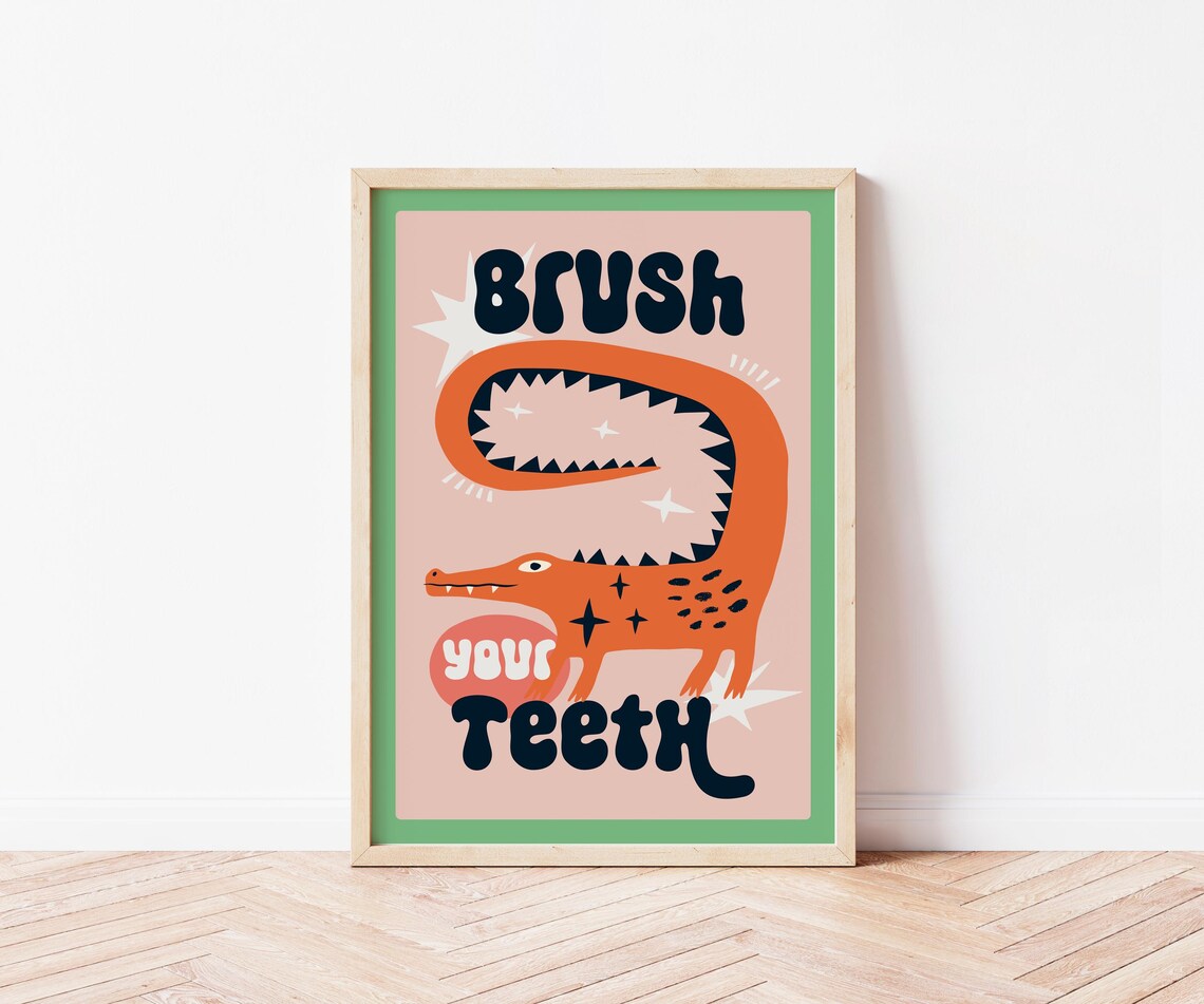 Brush Your Teeth Crocodile Bathroom Wall Art Print