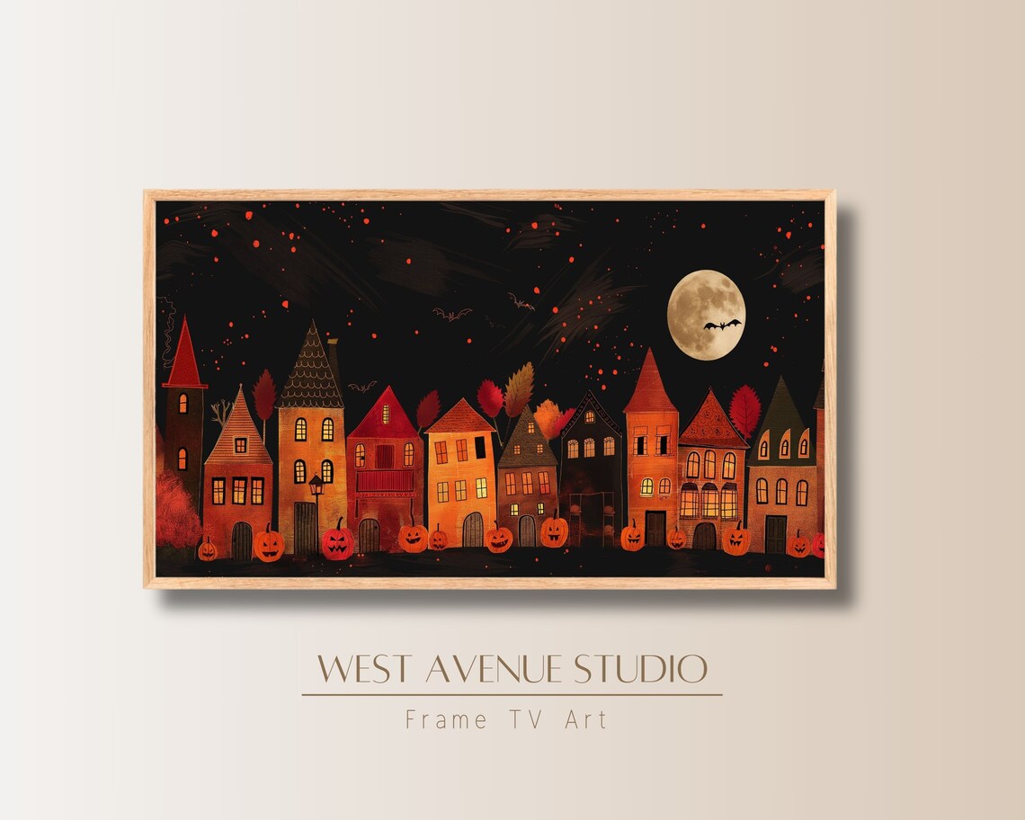 Folk Art Halloween Village Jack O Lanterns Full Moon Autumn Night Art Poster