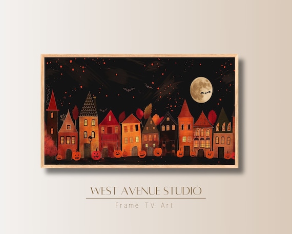 Folk Art Halloween Village Jack O Lanterns Full Moon Autumn Night Art Poster