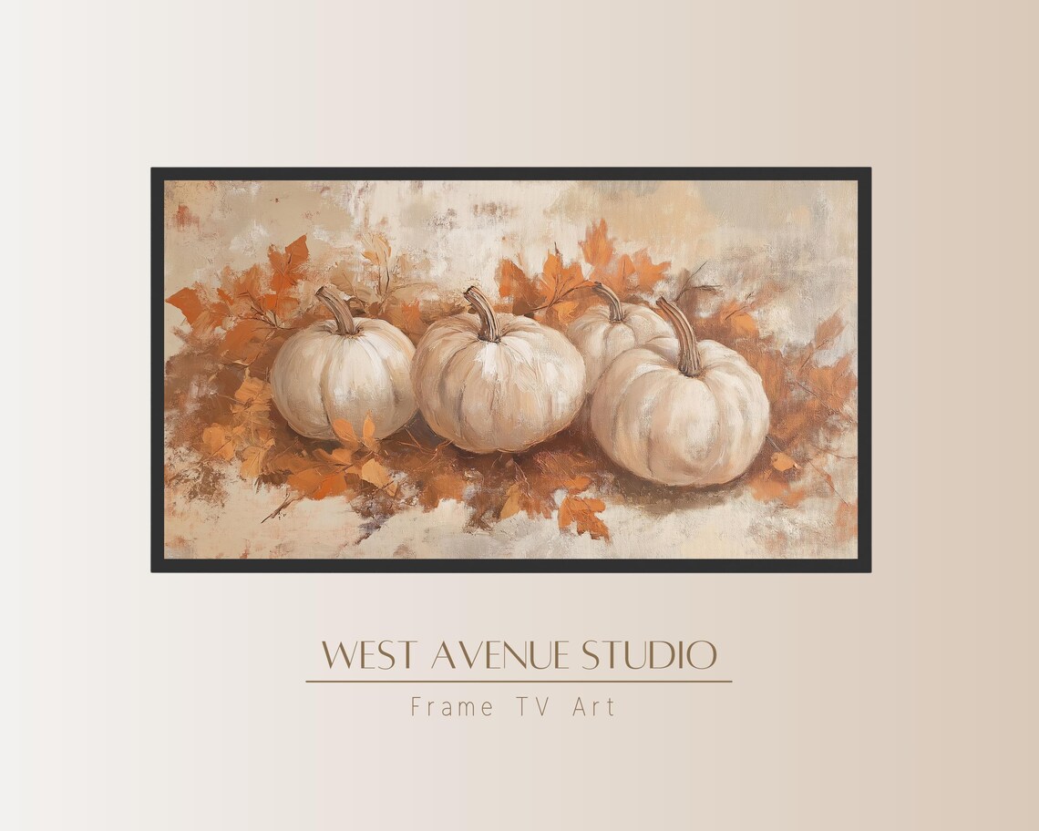 White Pumpkins With Fall Leaves Neutral Autumn Farmhouse Wall Art Poster - Image 4