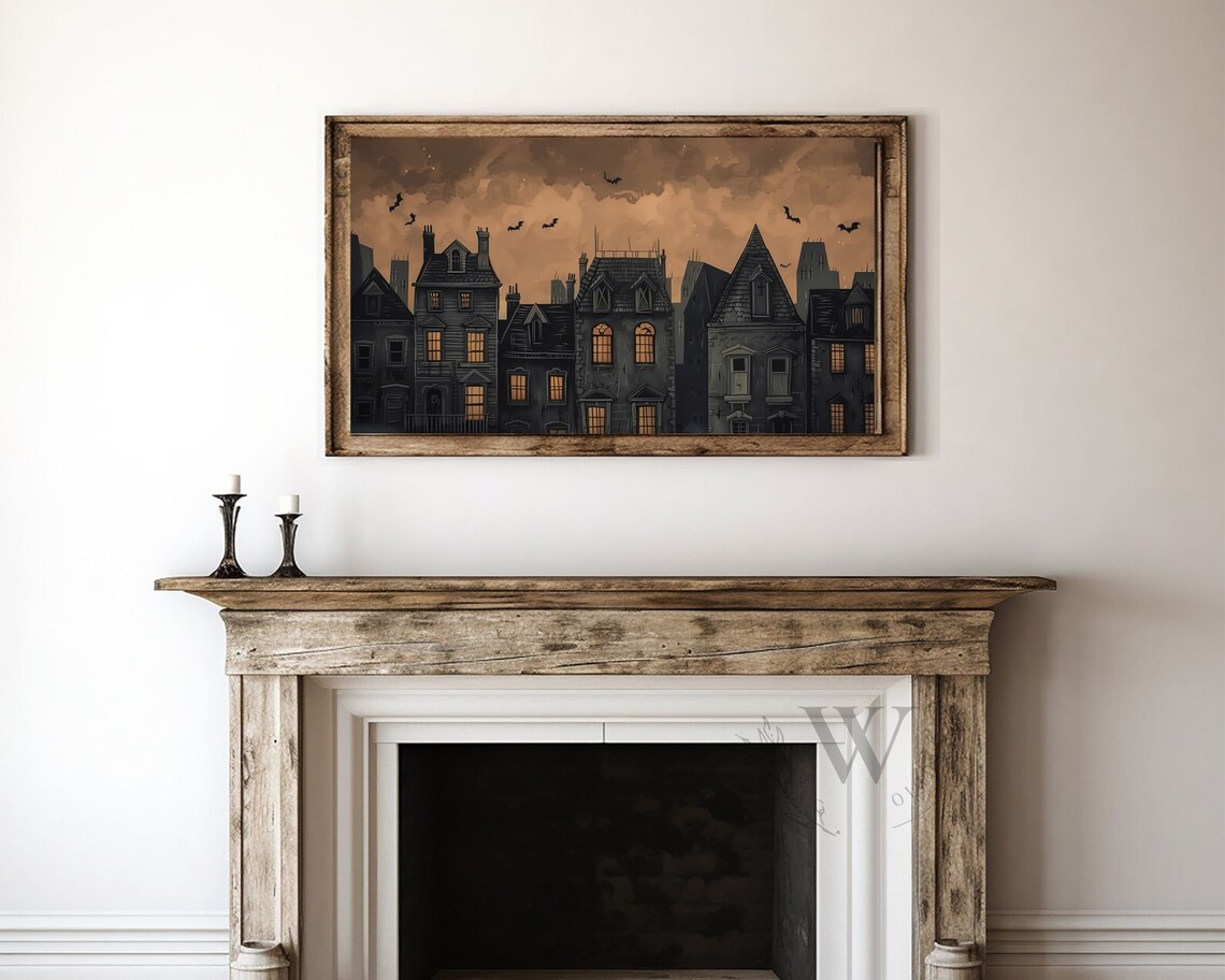 Spooky Halloween Town Glowing Windows Orange Sky Bats Vintage Night Art Poster - Image 2