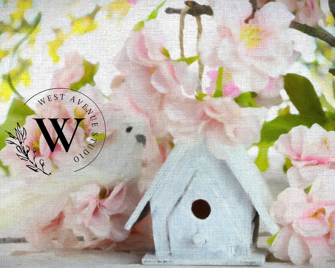 White Birdhouse Pink Spring Blossoms Garden Cottage Floral Art Poster - Image 3