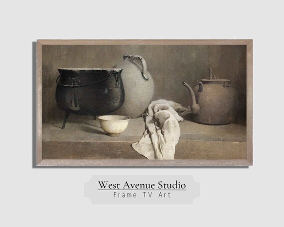 Vintage Kitchen Pottery Still Life Antique Copper Pot Farmhouse Poster