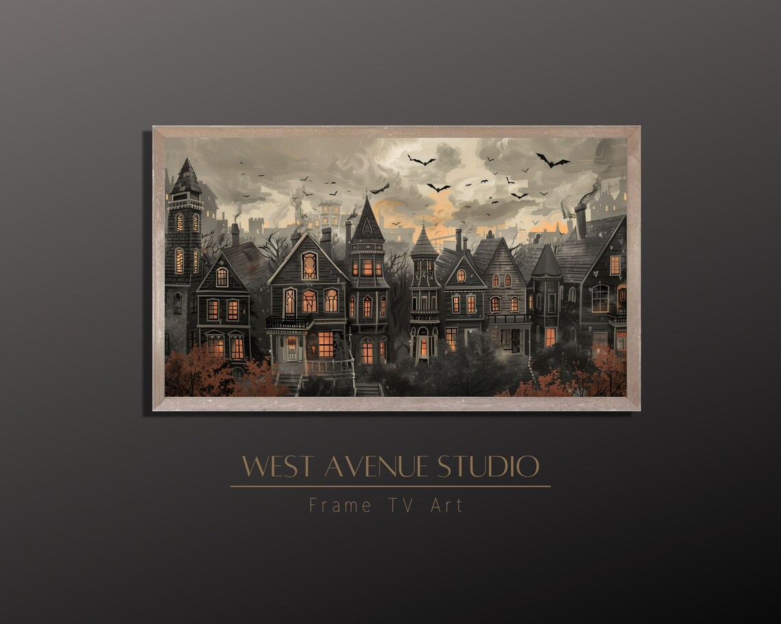 Spooky Victorian Town Twilight Bats Haunted Houses Lit Windows Art Poster - Image 2