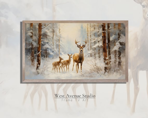 Deer Family Walking Through Snowy Woods Winter Wildlife Christmas Art Poster