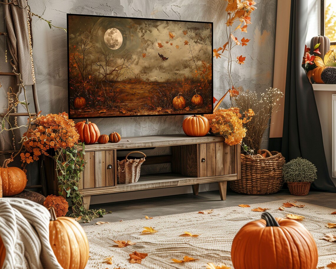 Fall Harvest Full Moon Pumpkins Bare Trees Moody Autumn Night Art Poster - Image 5