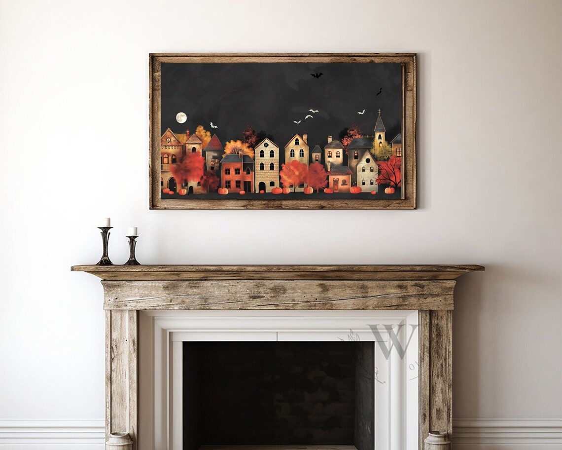 Storybook Halloween Village Pumpkins Full Moon Bats Autumn Night Art Poster - Image 4