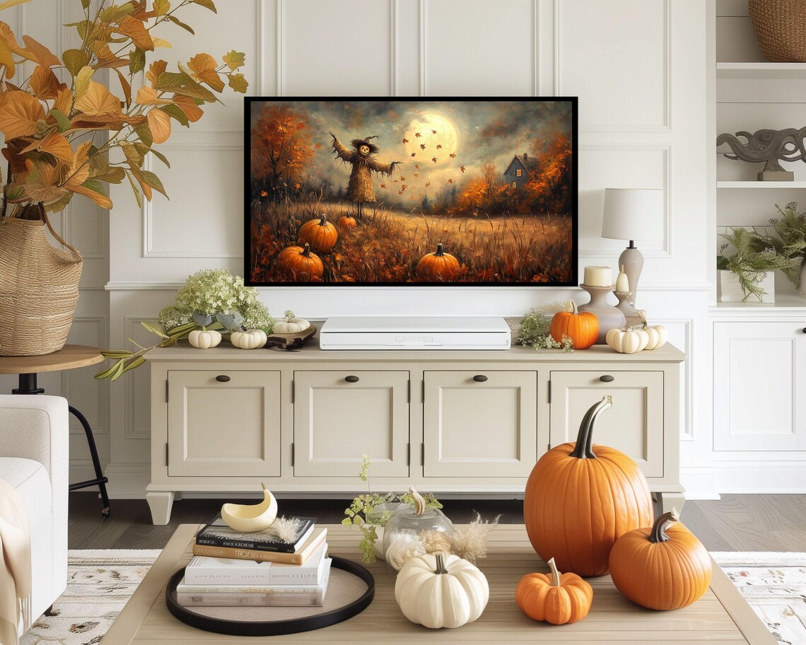 Scarecrow Under Full Moon Pumpkin Patch Autumn Harvest Halloween Poster - Image 4