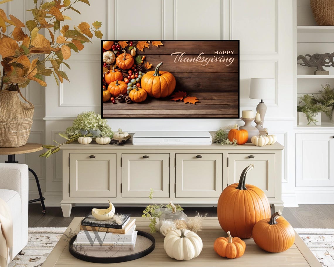 Happy Thanksgiving Rustic Wood Pumpkins Pinecones Fall Wall Art Poster - Image 3