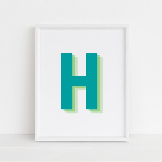 Retro 3d Letter H Print Monogram Letter Print Green And Lime Letter Initial Alphabet Print Baby Letter Art Wall Art