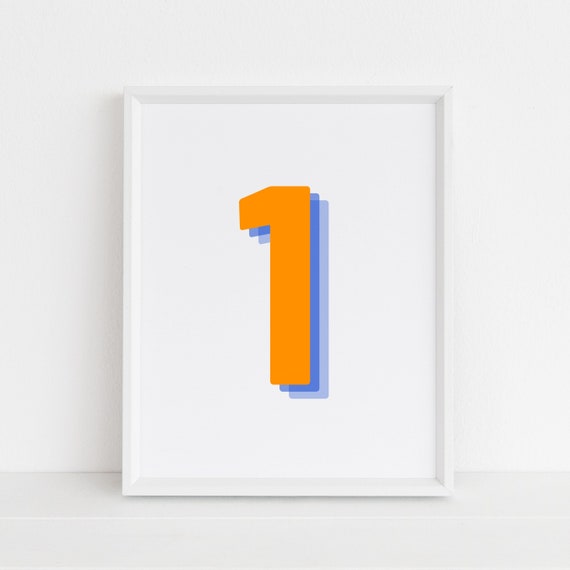 Retro 3d Number 1 Print Monogram One Print Orange And Navy Number First Initial Poster Birthday Age Print Wall Art