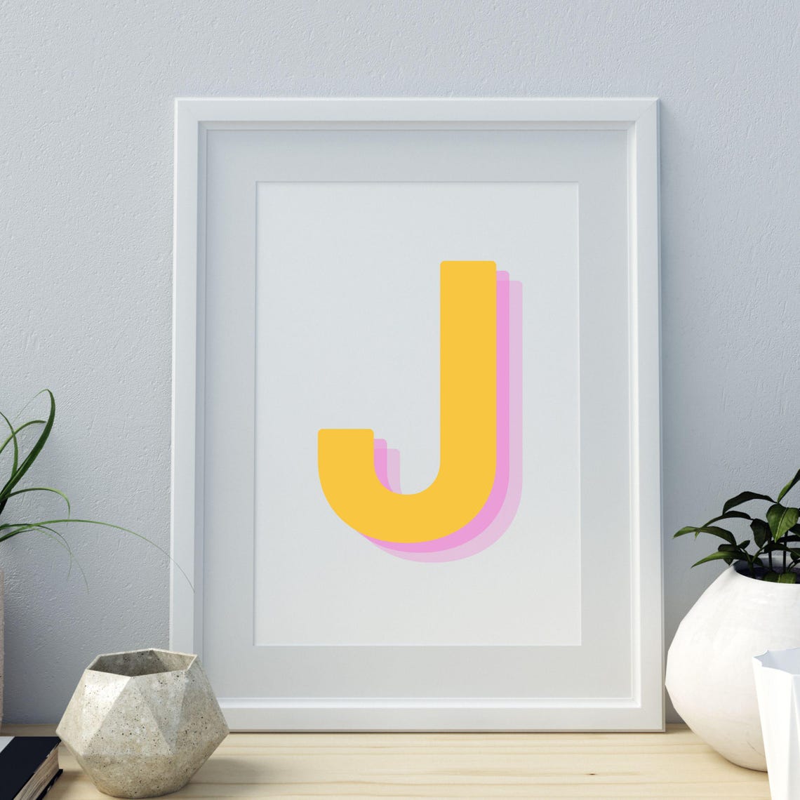 Retro 3d J Alphabet Art Letter J Print Bold Typography In Yellow And Pink Initial Wall Art Initial J Retro Wall Decor - Image 5