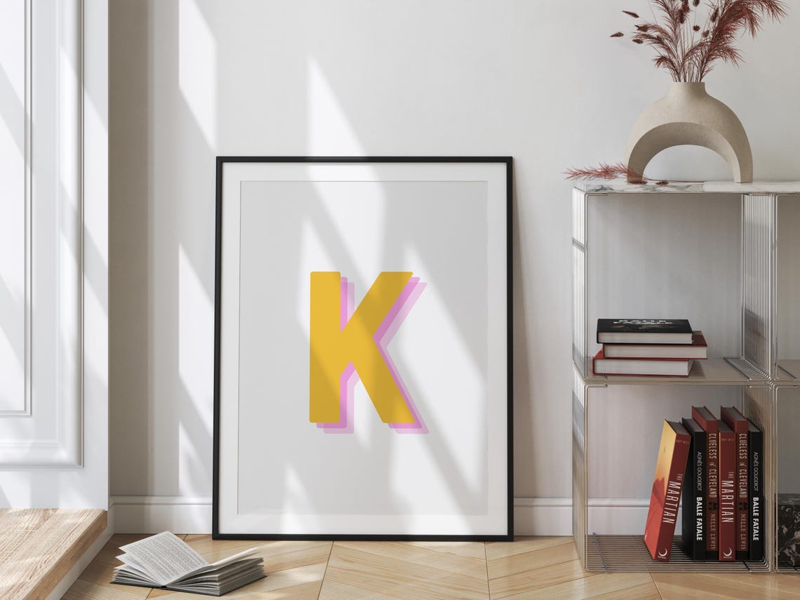 Retro 3d K Yellow Letter Art K Alphabet K Initial Yellow Monogram Letter Wall Art Prints Big Letter For Wall Decor - Image 2