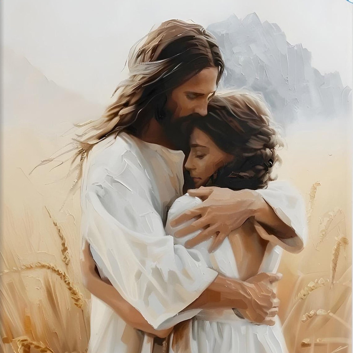 Jesus Art Print With Girl Modern Christian Wall Art For Bedroom Jesus Christ Hugging Woman Art Christian Home Decor Jesus Painting