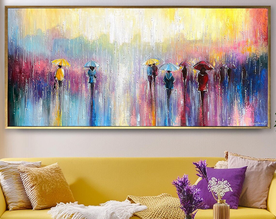 Rainy Day Colorful Umbrellas Abstract City Street Art Painting