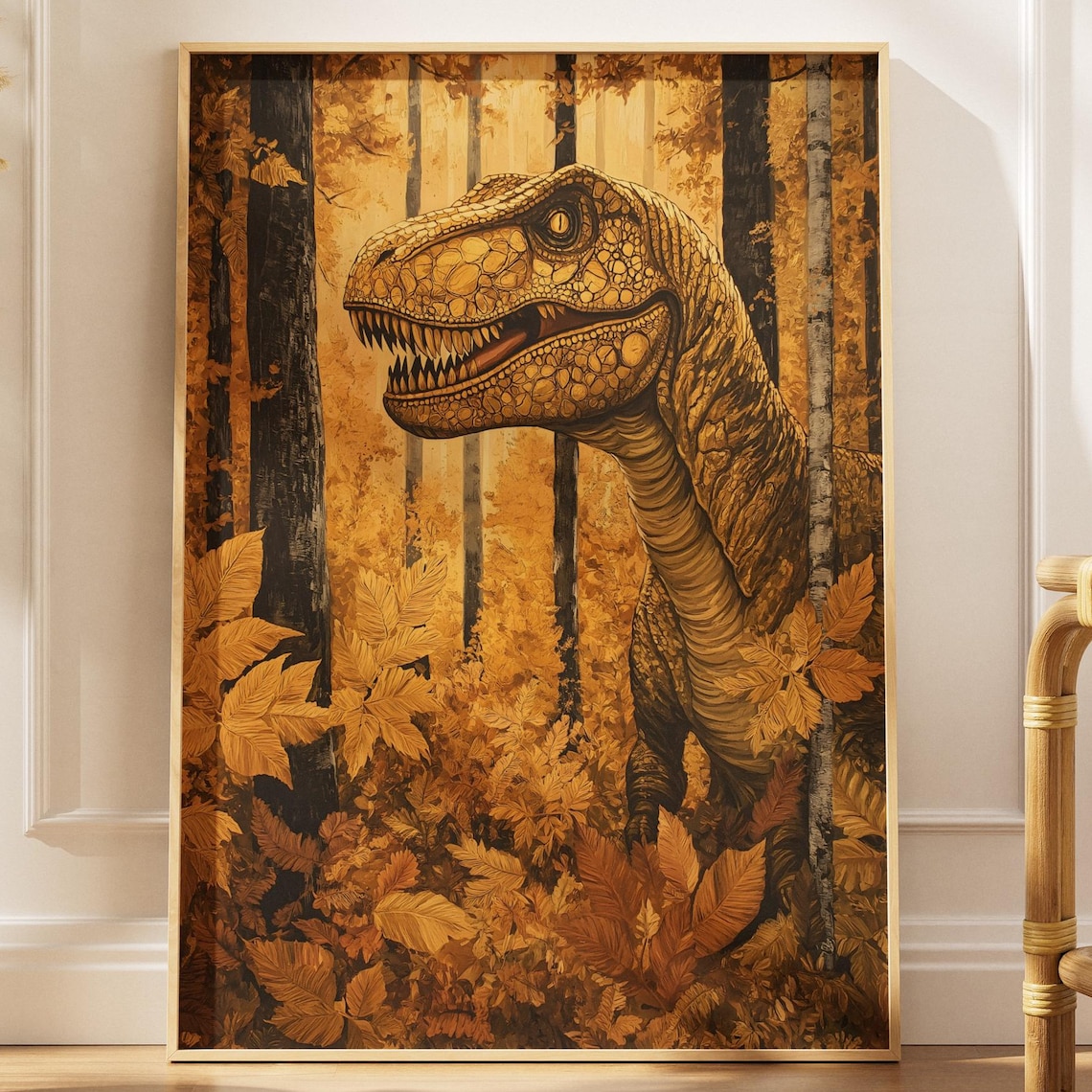 Autumn Raptor Dinosaur, Golden Forest Art Print