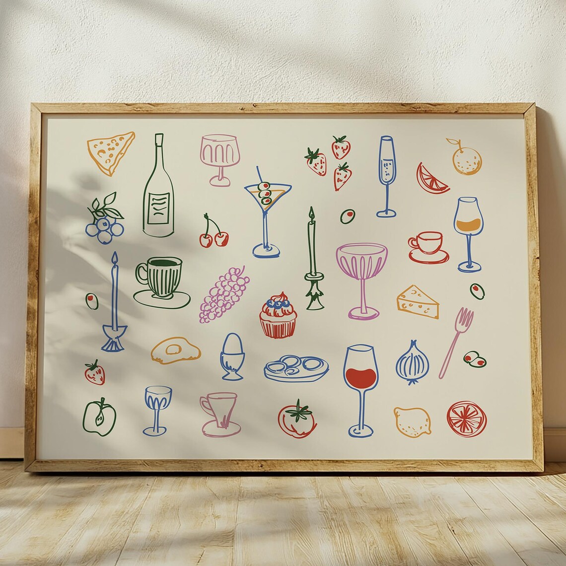 Wine And Dinner Party Icons Colorful Line Art Foodie Kitchen Entertaining Wall Art