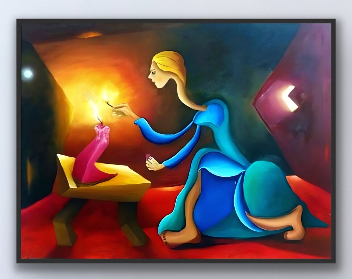 Glowing Woman Lighting Candle in the Dark Blue and Gold Poster