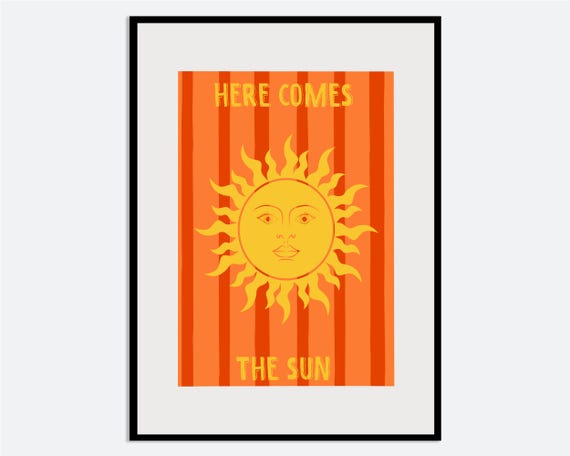 Here Comes The Sun Face Orange Striped Retro Sunshine Wall Art