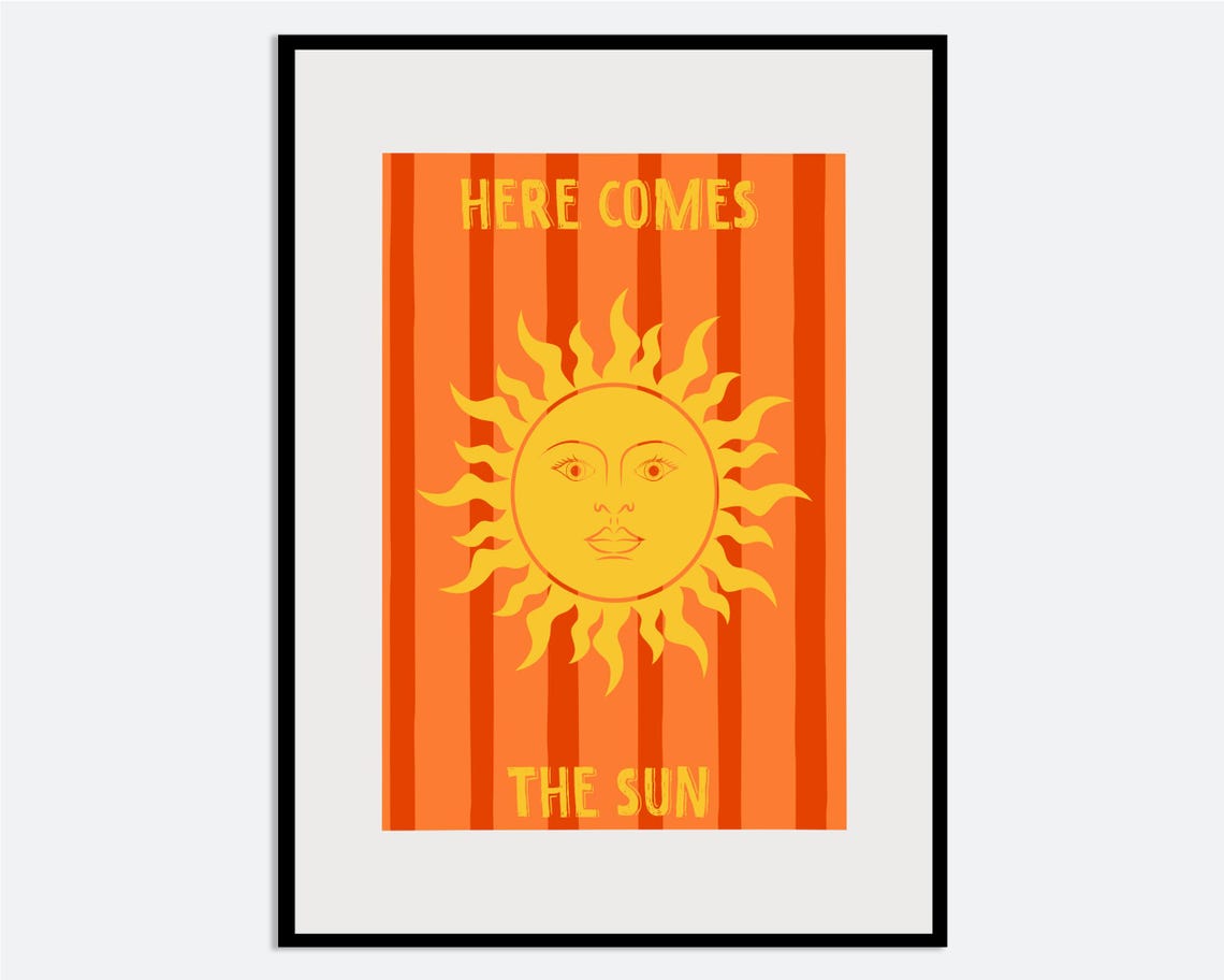 Here Comes The Sun Face Orange Striped Retro Sunshine Wall Art