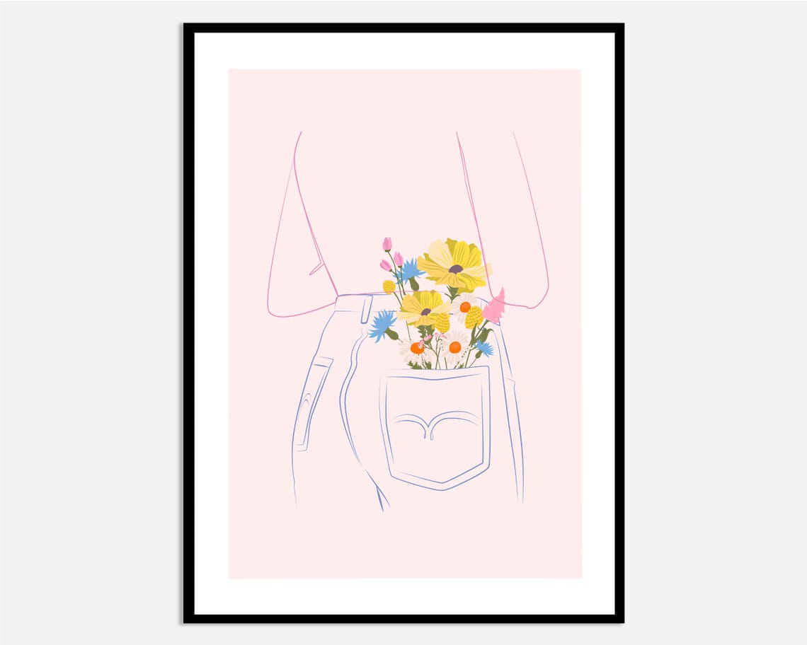 Blush Pink Jeans Pocket Flowers Minimalist Line Drawing Poster