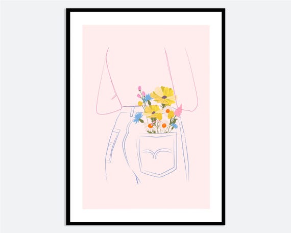 Girl With Flowers In Pocket Wall Art Print Hand Drawn Spring Summer Line Illustration Contemporary Modern Fashion Poster Ma63