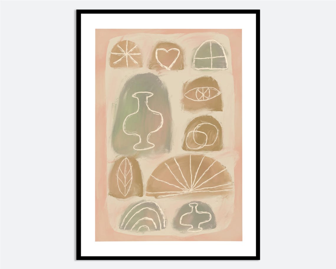 Abstract Symbols Shapes Wall Art Print Hand Drawn Modern Pastel Poster Contemporary Boho Design Neutral Geometric Decor Ma152