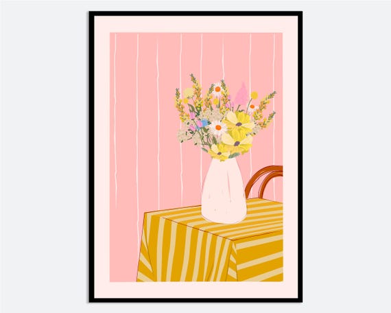 Flower Vase Striped Table Wall Art Print Hand Drawn Contemporary Still Life Illustration Modern Floral Botanical Poster Ma203