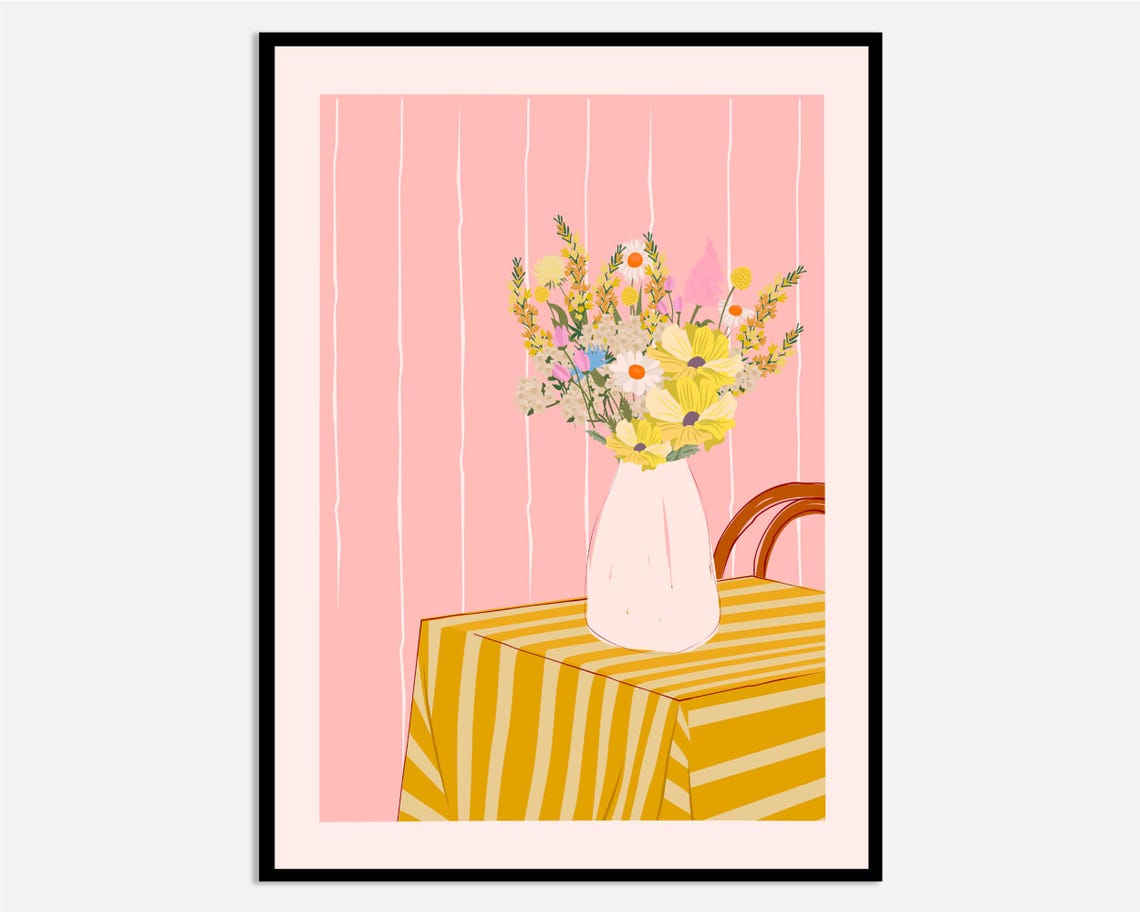 Wildflower Vase on Yellow Striped Table Pink Still Life Poster