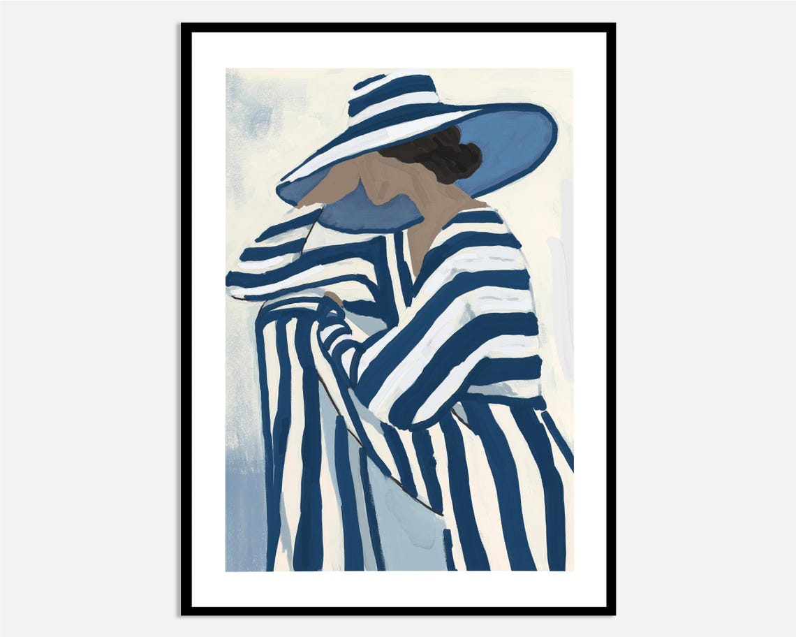 Contemporary Woman In Stripes Wall Art Print Hand Drawn Fashion Poster Blue Modern Portrait Coastal Girl Illustration Ma167