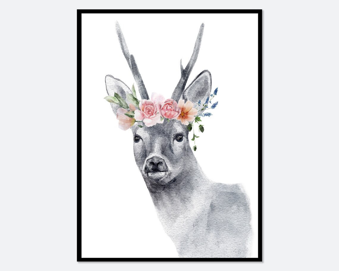 Deer With Flowers Safari Nursery Art Print
