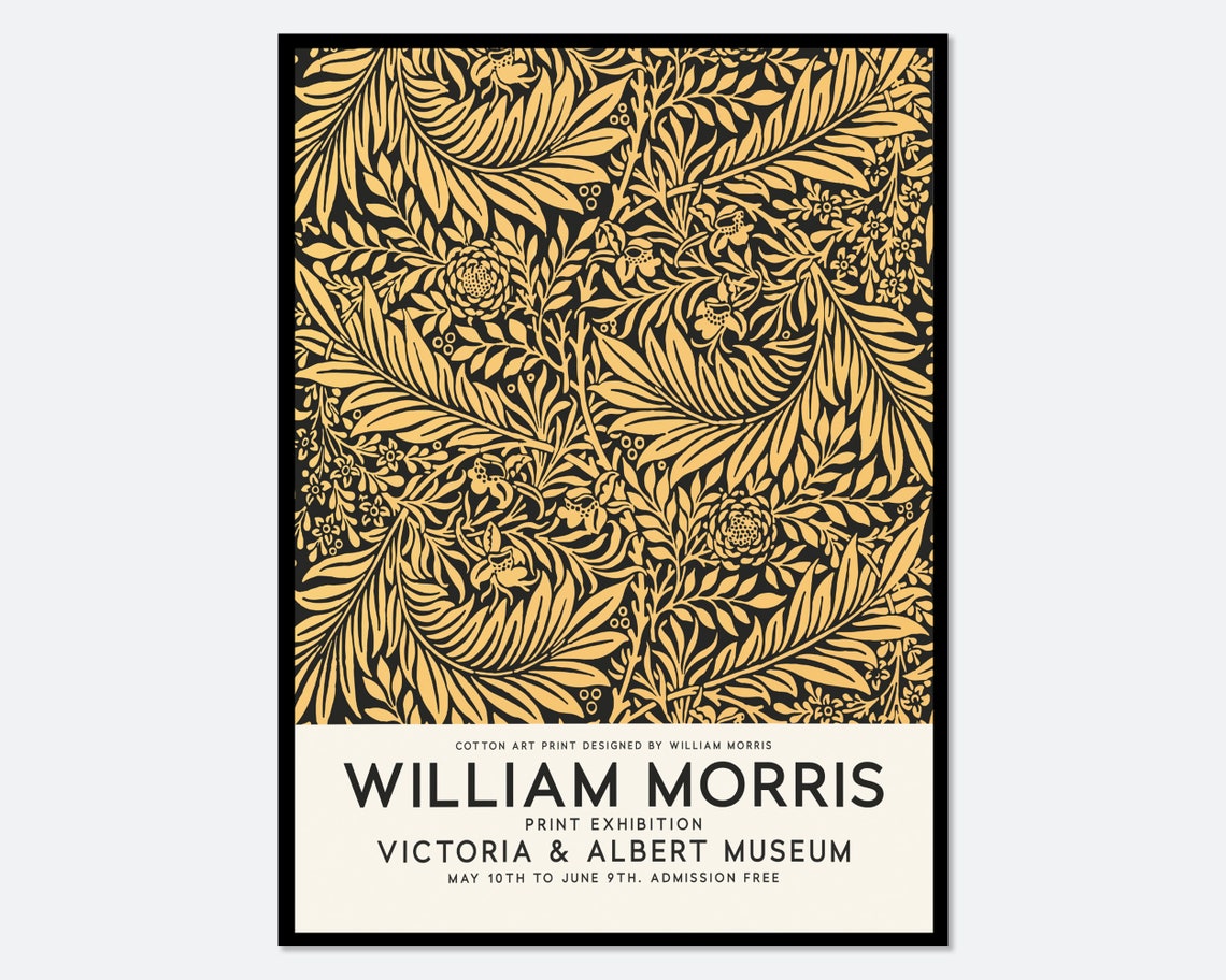 William Morris Larkspur Gold and Black Floral Pattern Poster