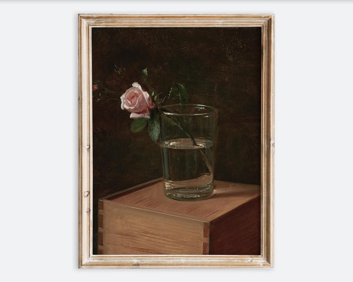 European Vintage Pink Rose Flower In Clear Vase Still Life Wall Art Print Rustic Dark Oil Painting Antique Moody Farmhouse Poster Vp281