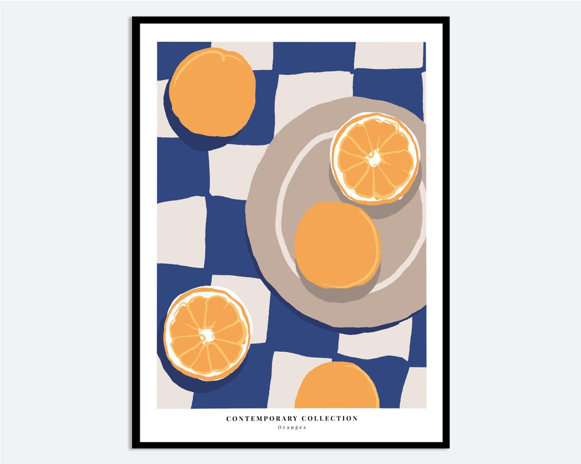 Oranges Fruit Market Blue Checkered Kitchen Contemporary Art Print