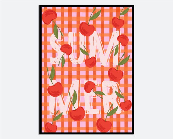 Cherry Summer Wall Art Print Hand Drawn Fruit Poster With Gingham Pattern Bold Red Kitchen Decor Colorful Food Illustration Ma180