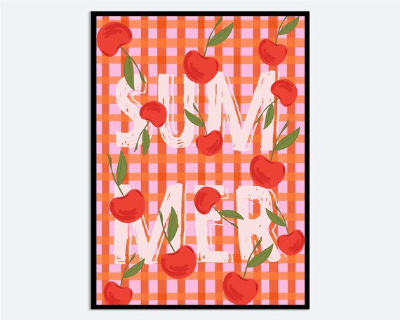 Summer Cherries Gingham Bold Red Fruit Picnic Kitchen Poster