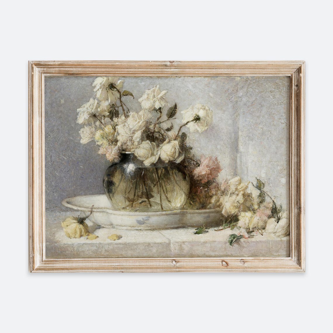 White Roses In Glass Vase On Porcelain Tray Vintage Floral Poster